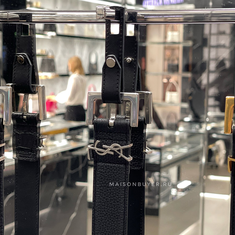 ремень SAINT LAURENT CASSANDRE BELT IN GRAINED LEATHER 3 cm Silver Black