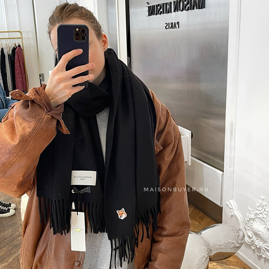 MAISON KITSUNE WOOL SMALL FOX HEAD SCARF Black