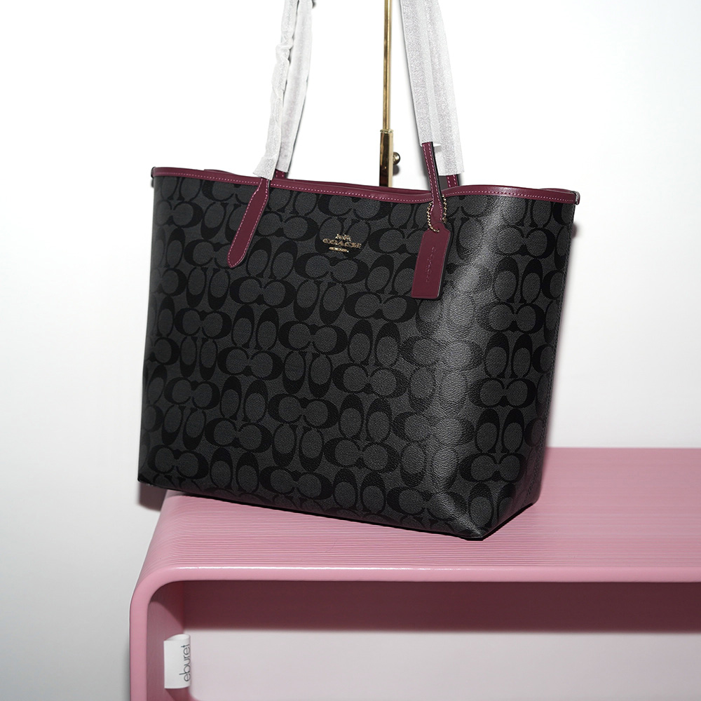 COACH CITY TOTE IN SIGNATURE CANVAS Im/Graphite/Black Cherry