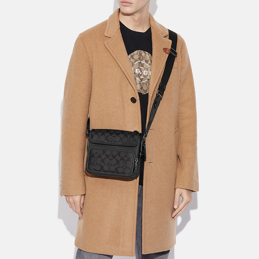 COACH SULLIVAN FLAP CROSSBODY IN SIGNATURE CANVAS Gunmetal/Charcoal/Black