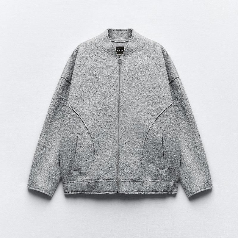 ZARA BOUCLÉ OVERSIZE BOMBER JACKET LIGHT GREY 5070/642/811