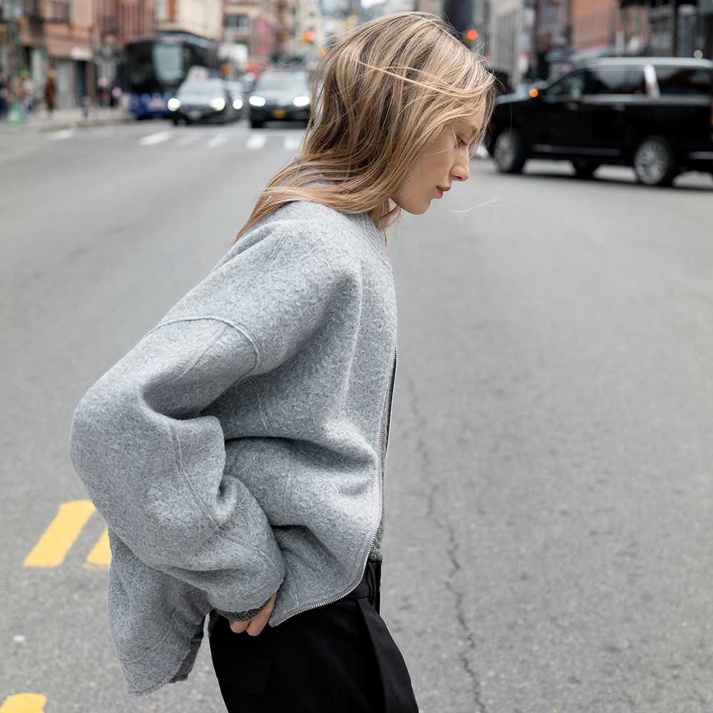 ZARA BOUCLÉ OVERSIZE BOMBER JACKET LIGHT GREY 5070/642/811