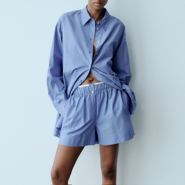 ШОРТЫ В ПИЖАМНОМ СТИЛЕ ZARA ЦВЕТ СИНИЙ В ПОЛОСКУ M00576