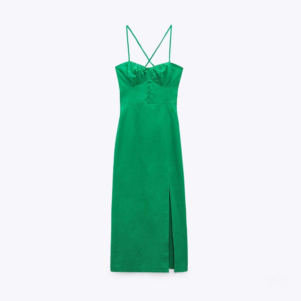 ПЛАТЬЕ МИДИ ИЗ СМЕСОВОГО ЛЬНА ZARA ЦВЕТ ЗЕЛЕНЫЙ M00265