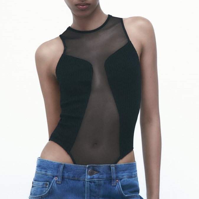 БОДИ С ПРОЗРАЧНОЙ ВСТАВКОЙ ZARA ЦВЕТ ЧЕРНЫЙ M00389