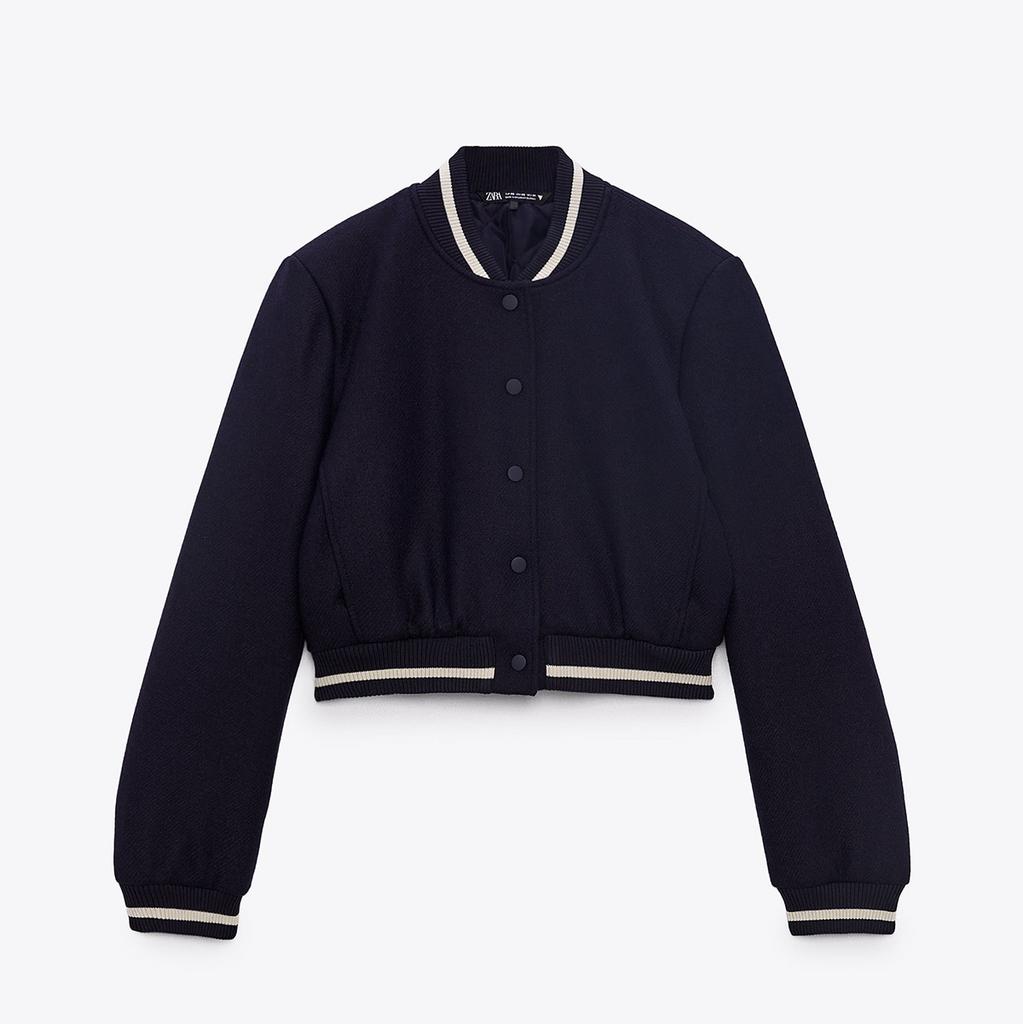 ZARA CROPPED BOMBER JACKET NAVY BLUE M00395