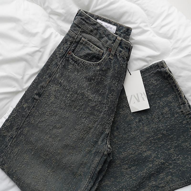 ДЖИНСЫ ZARA TRF SUPER WIDE-LEG LOW-RISE RIPPED JEANS BLUE / GREEN M00522
