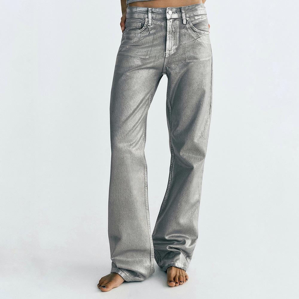 МЕТАЛЛИЗИРОВАННЫЕ ДЖИНСЫ ZARA TRF WIDE-LEG MID-RISE ЦВЕТ SILVER / СЕРЕБРО M00487