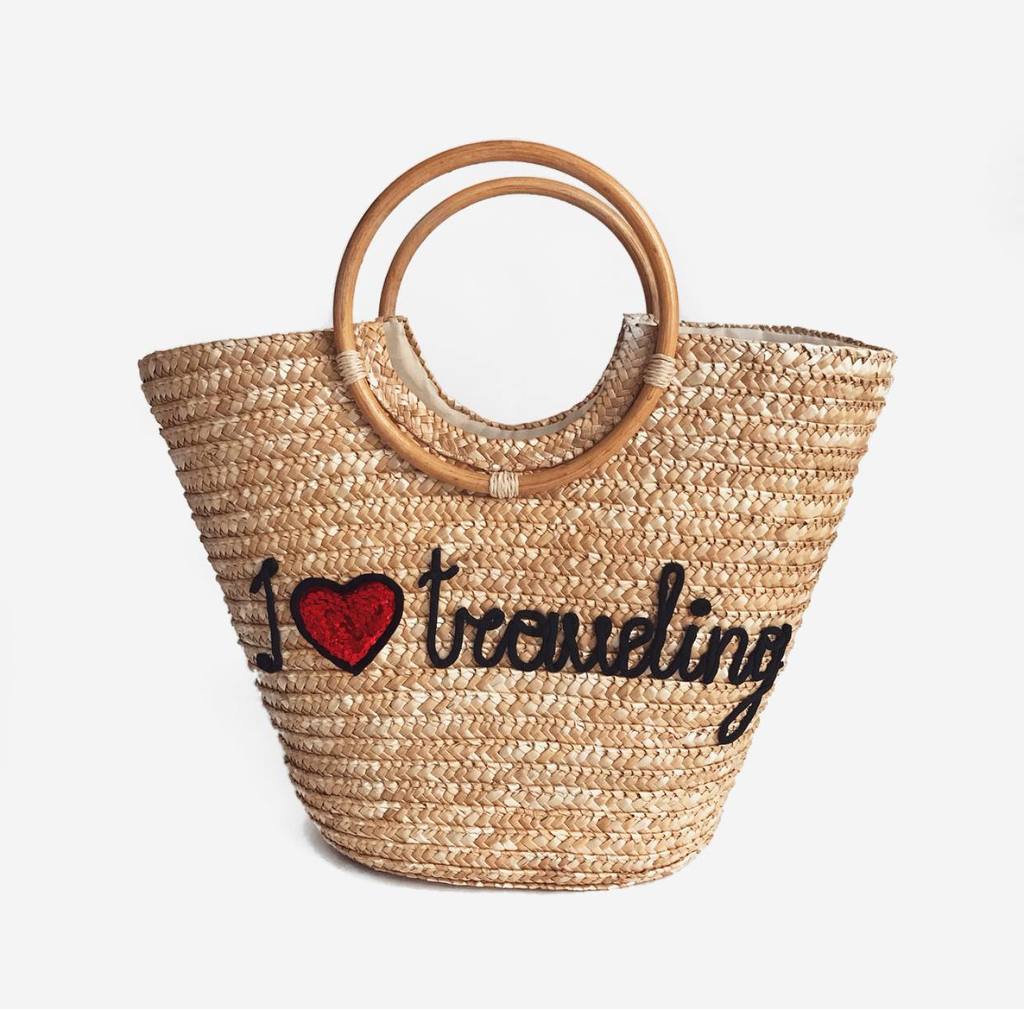 Сумка-корзинка из соломы с вышивкой "I Love Traveling"