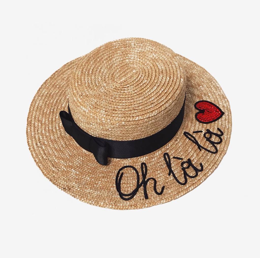 Канотье из соломы с ручной вышивкой "Oh la la"