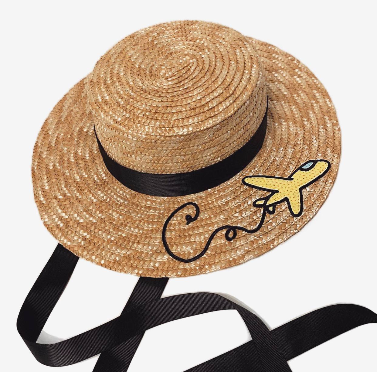 Шляпа канотье соломенное с ручной вышивкой "Самолет"