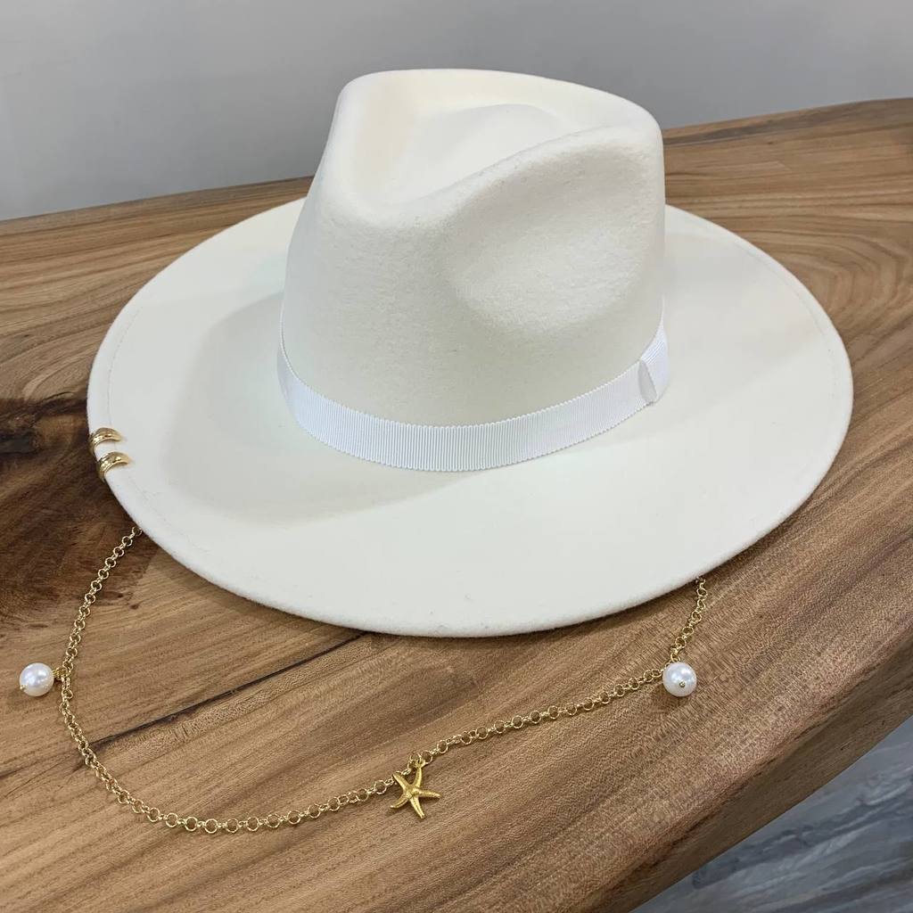 Шляпа федора FF03 широкополая с прямыми полями из фетра с декором/белая
