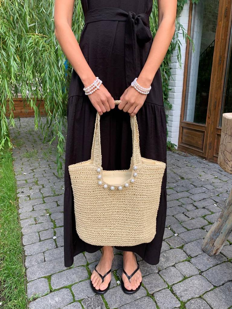 Сумка из тойо с удлинёнными ручками и жемчугом Majorica/тауп