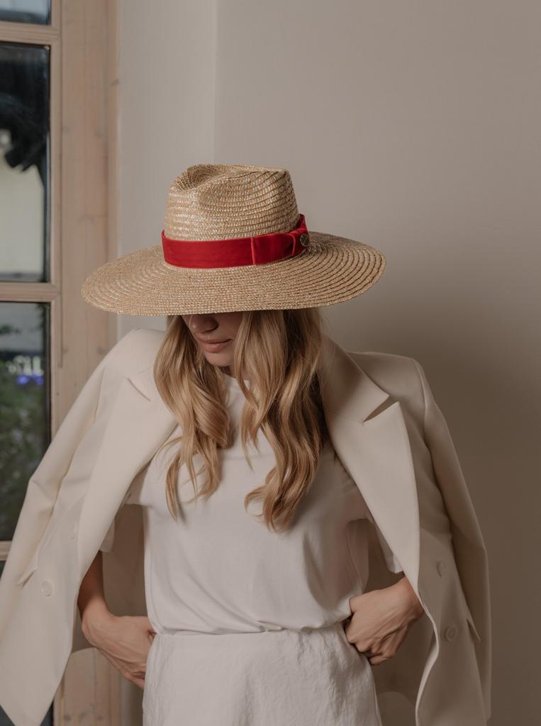 Шляпа федора FF03 широкополая из соломы с лентой из французского бархата