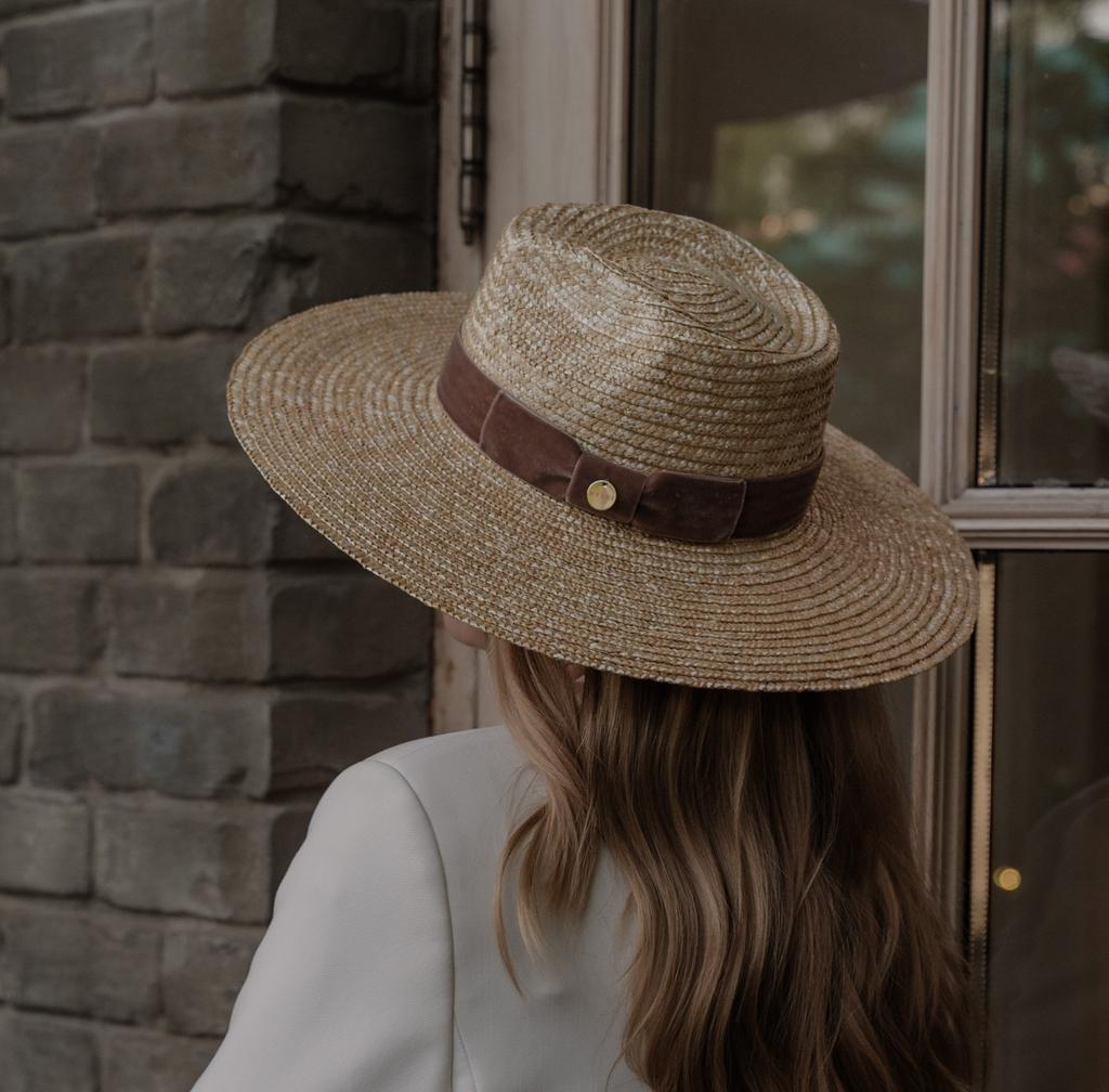 Шляпа федора FF03 широкополая из соломы с лентой из французского бархата