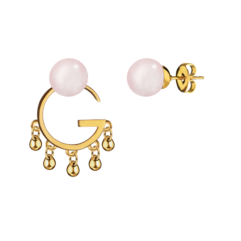 Серьги "G" асимметричные с капельками, розовый кварц