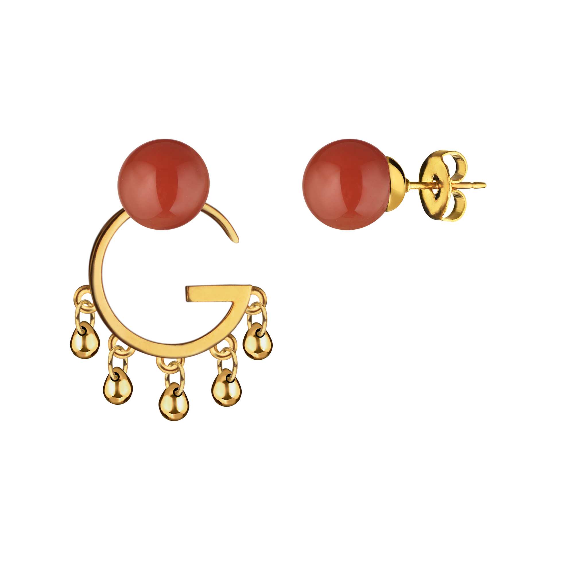 Серьги "G" асимметричные с капельками, красный сердолик