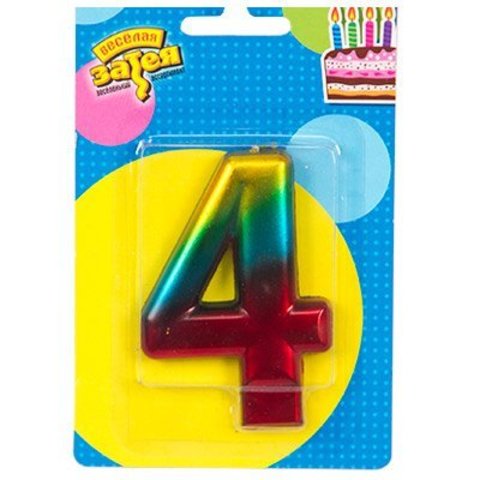 Свеча -цифра "4" Радуга металлик 8см/V