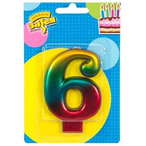 Свеча -цифра "6" Радуга металлик 8см/V