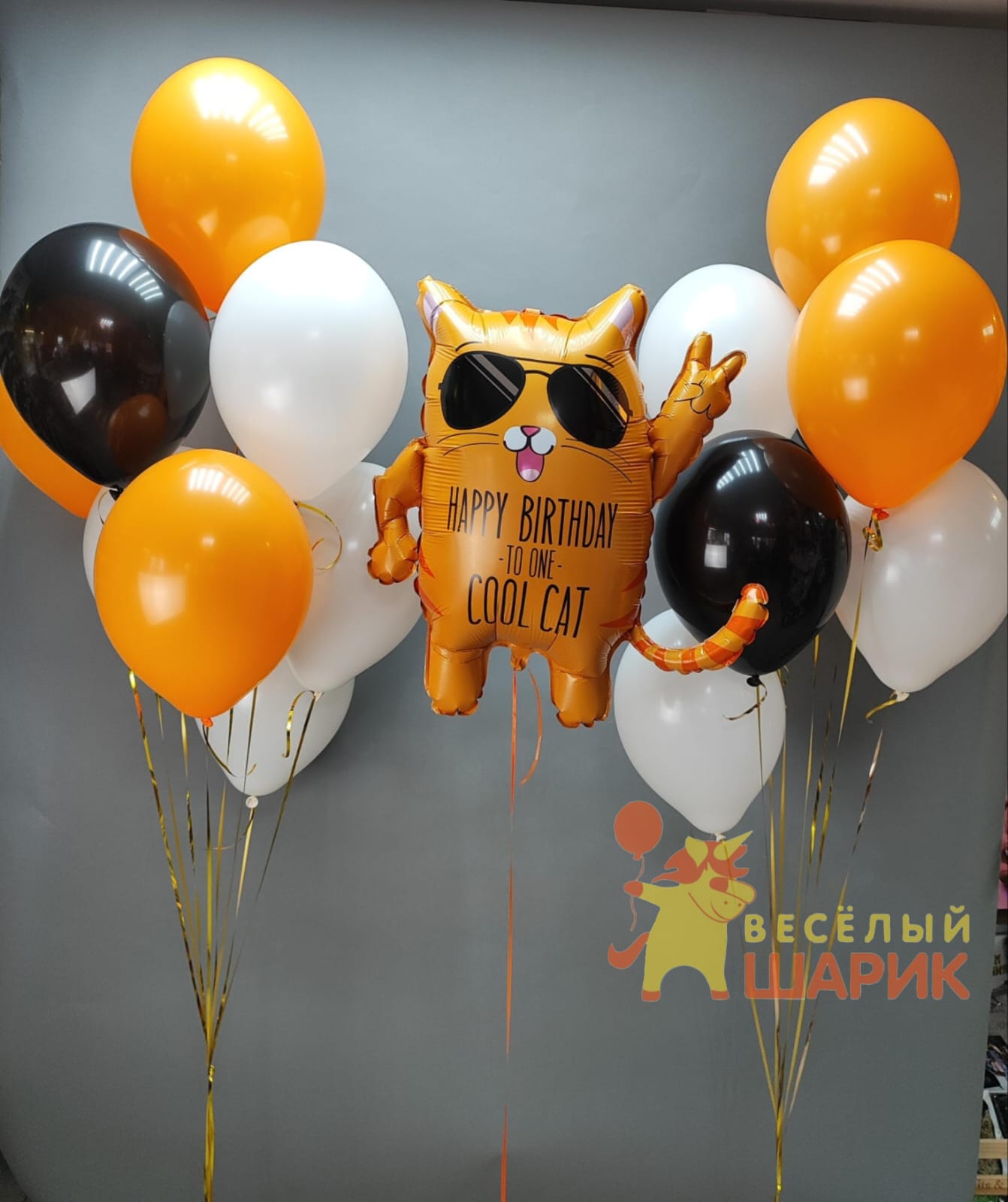 Шар рыжий кот в очках и два букета