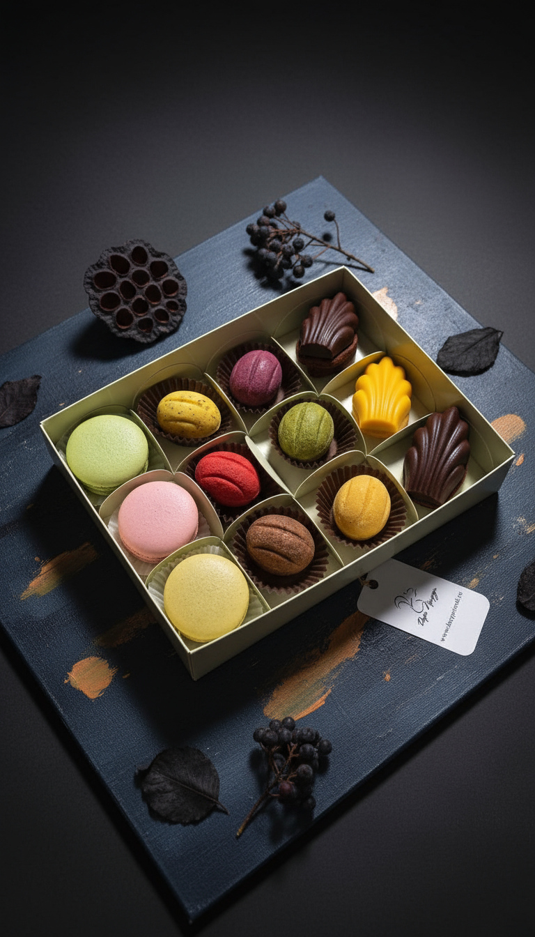 Осенний набор ассорти сладостей: мадлен, орешки, макаронс