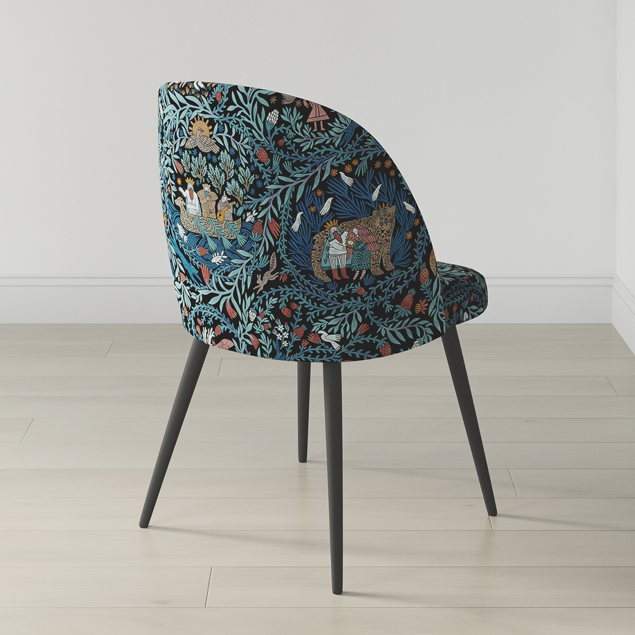 Стул "Öти" с принтом Биармия (черный фон с синими листьями)