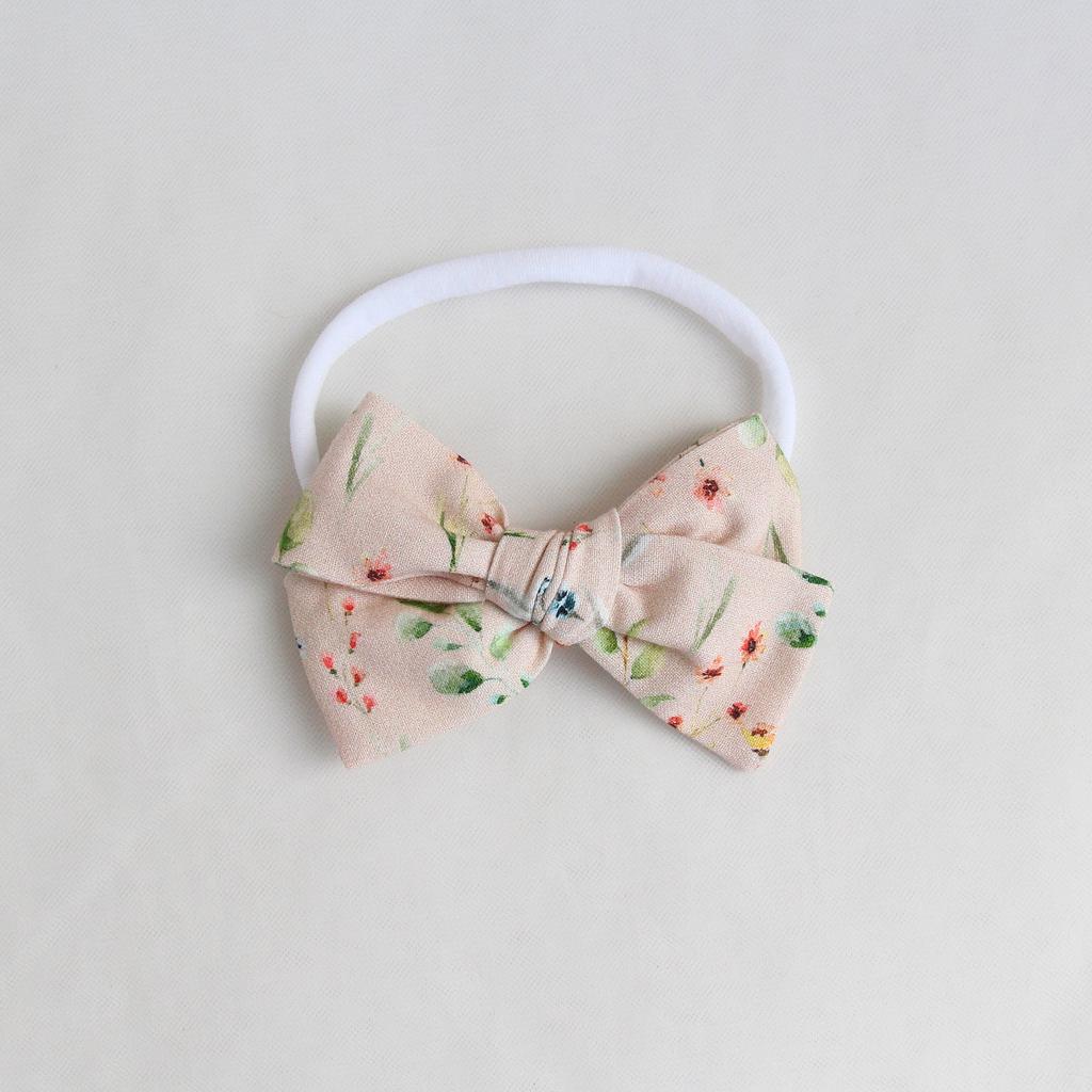 Повязка на голову "Хлопковый бант" пудровый с цветами
