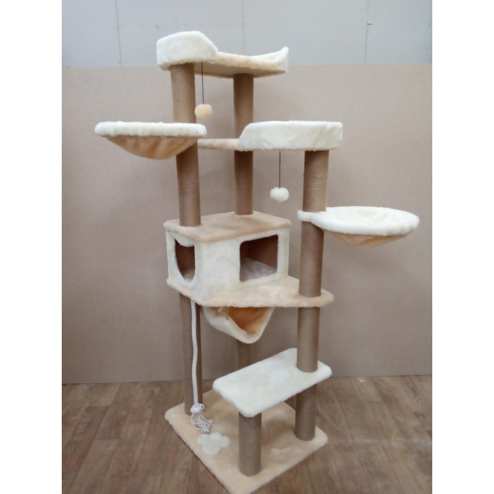 Напольный кошачий комплекс с лежанками, гамаками и домиком по середине 180 см (арт. 280)