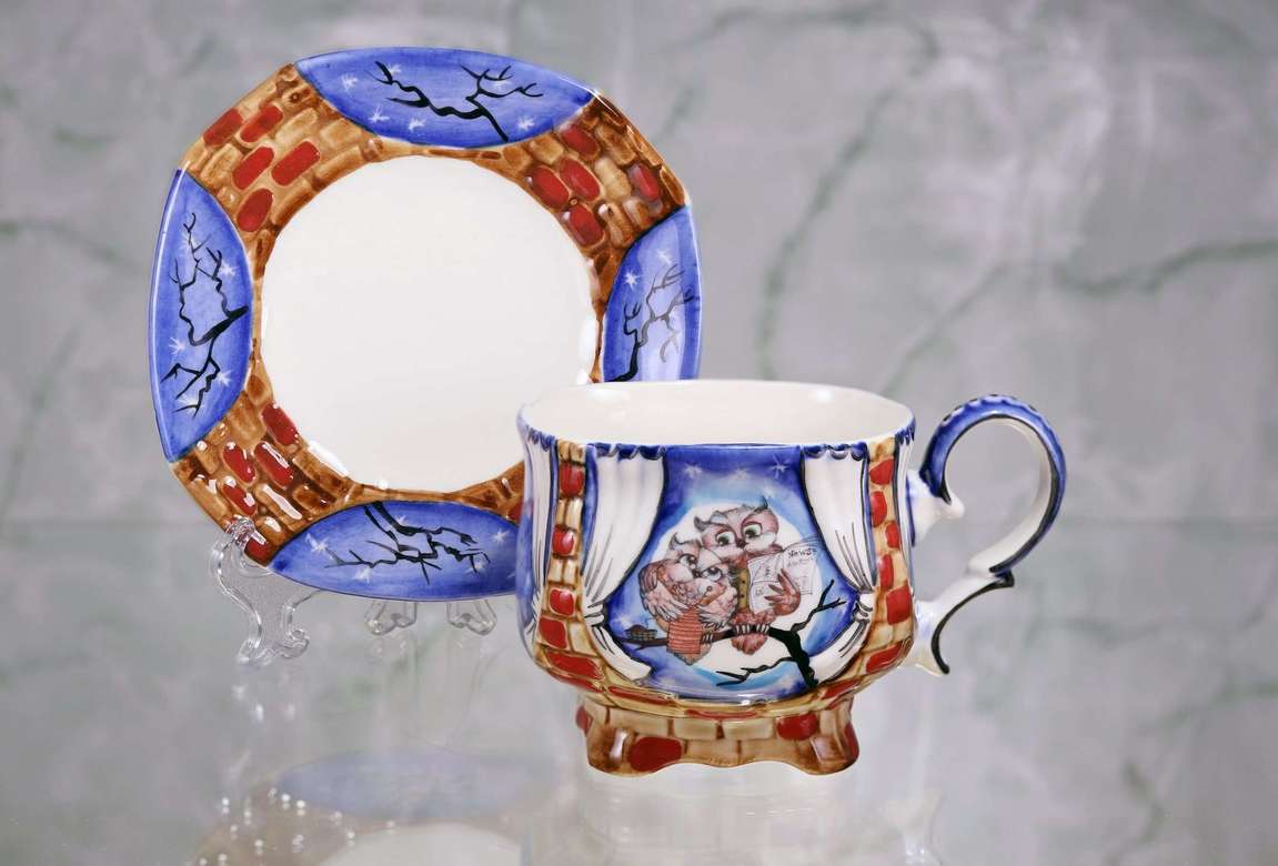 Handmade porcelain tea cup and saucer "Owls Grandmother and Grandfather. Night"