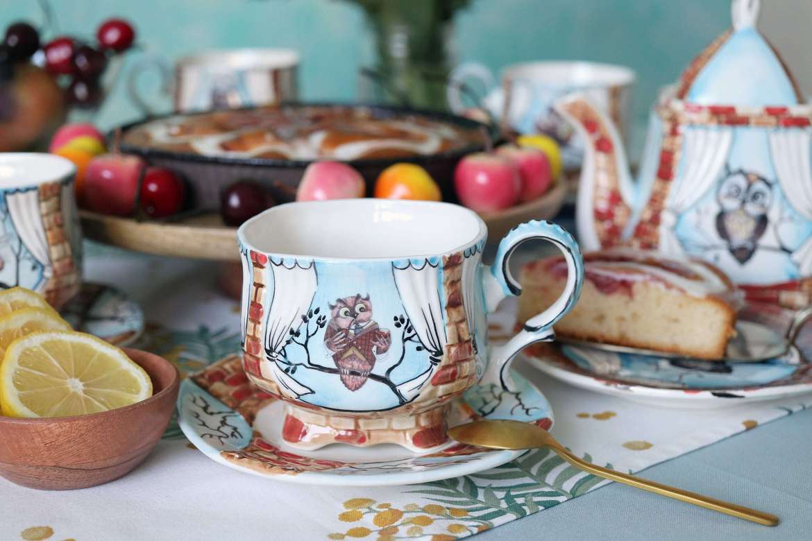 Handmade porcelain tea cup and saucer "Owl dad"