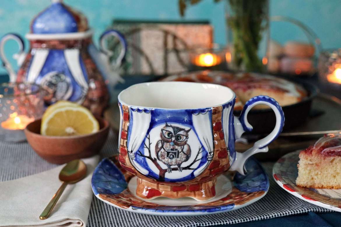 Handmade porcelain tea cup and saucer "Owl with camera. Night"