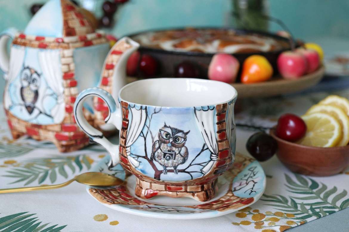 Handmade porcelain tea cup and saucer "Owl with camera"