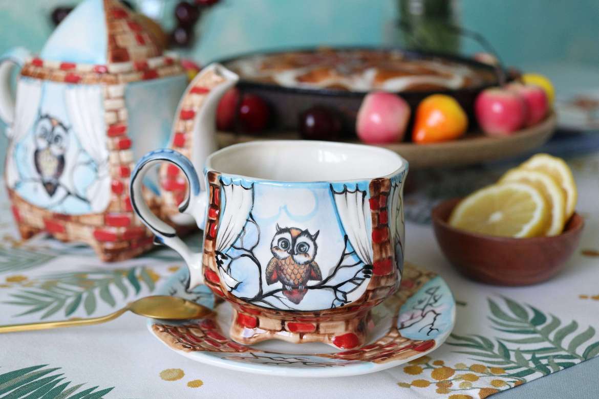 Handmade porcelain tea cup and saucer “Little owlet”