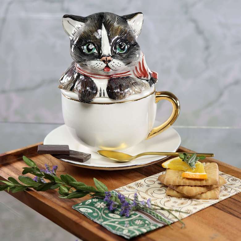 Porcelain cup for brewing tea and a saucer "Kitten in a cup"