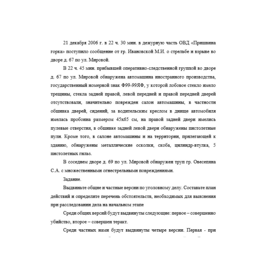 21 декабря 2006 г. в 22 ч. 30 мин. в дежурную часть ОВД «Пришвина горка» поступило сообщение от гр. Ивановской М.И. о стрельбе и взрыве во дворе д. 67 по ул. Мировой. В 22 ч. 45 мин. прибывшей операти