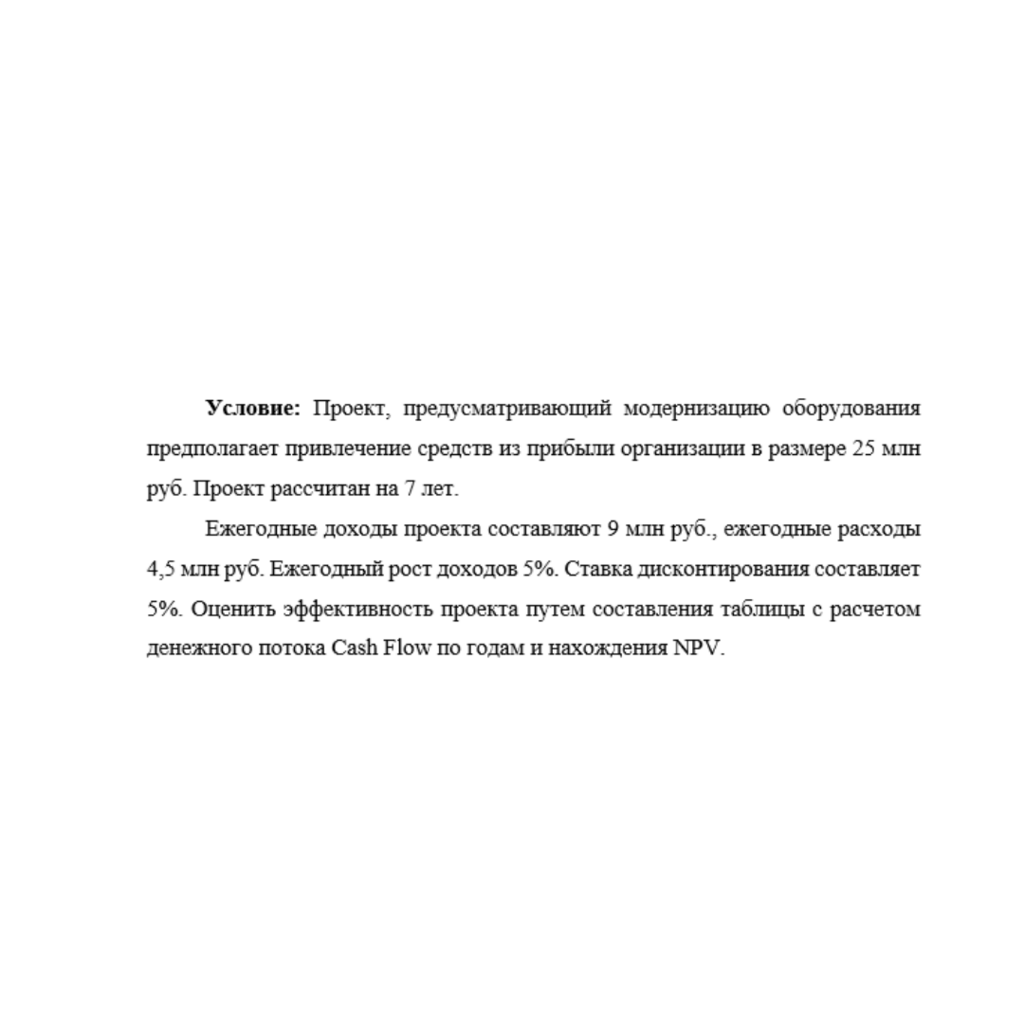 Проект, предусматривающий модернизацию оборудования предполагает привлечение средств из прибыли организации в размере 25 млн руб. Проект рассчитан на 7 лет.