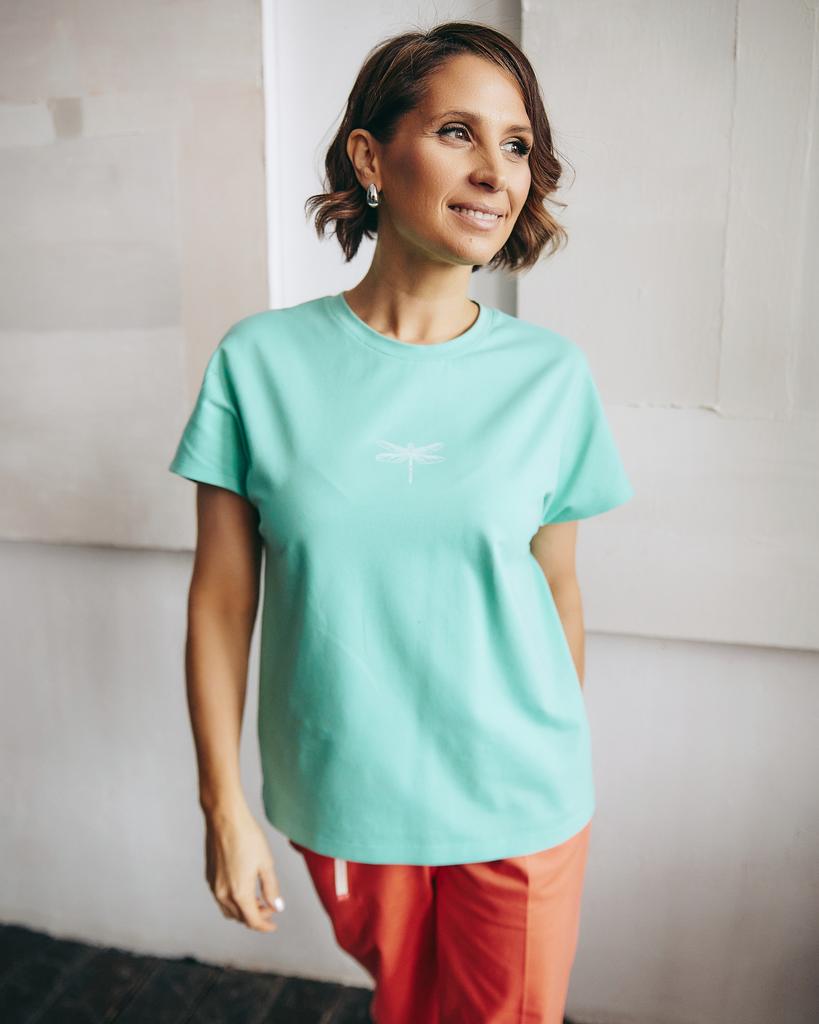 Футболка спущенное плечо, зеленая