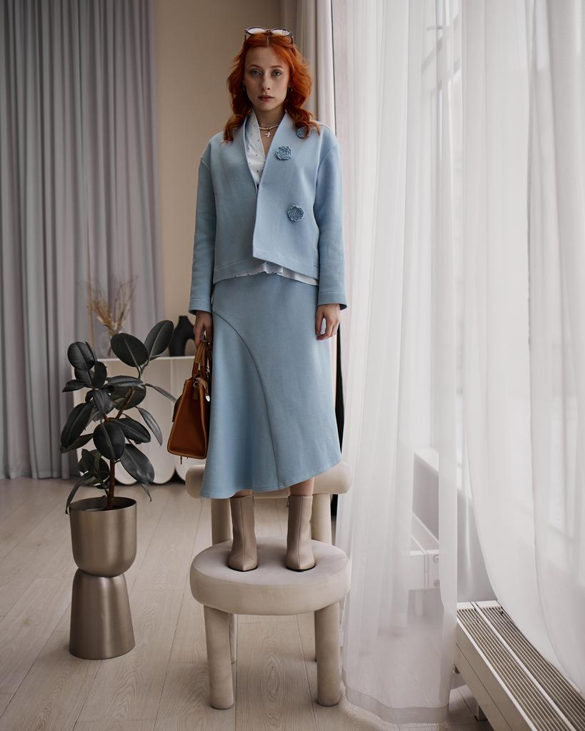 Юбка трикотажная асимметричная, голубая