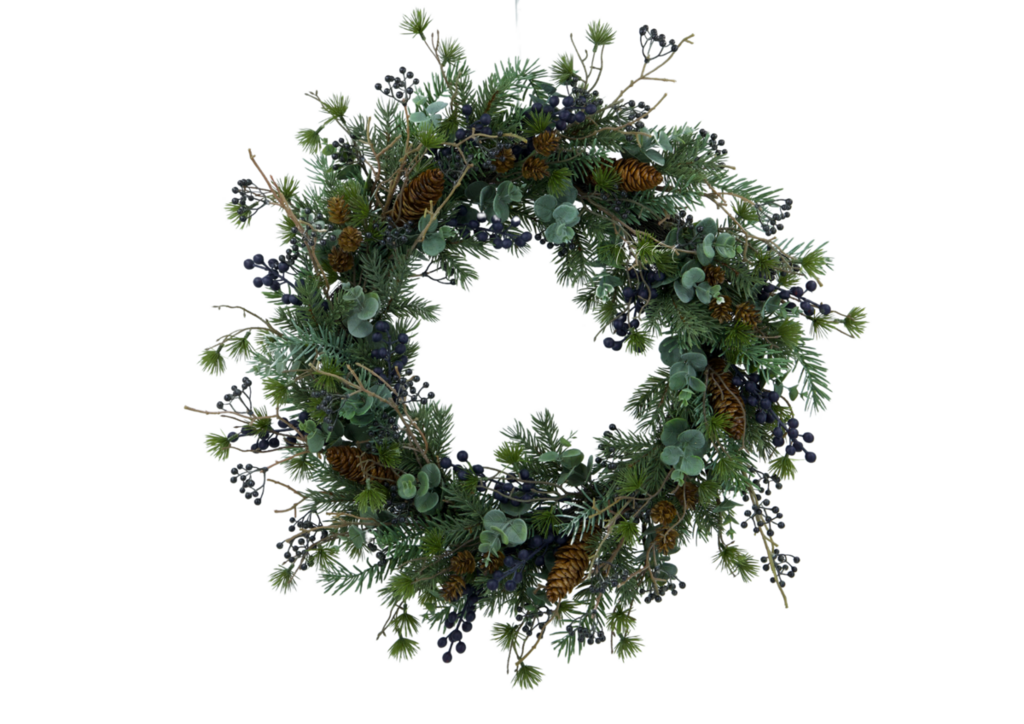 Венок с шишками, эвкалиптом и синими ягодами