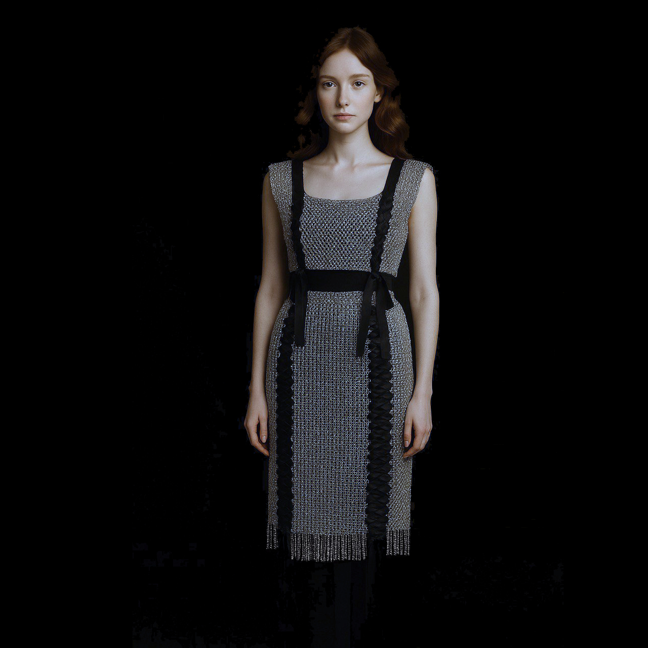 Платье Nevoda из кольчужного плетения с чёрными атласными лентами, строгий силуэт с мягкими акцентами.