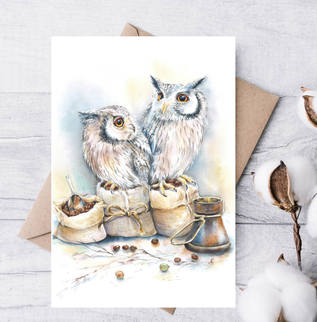 Почтовая открытка "Кофейные совушки"