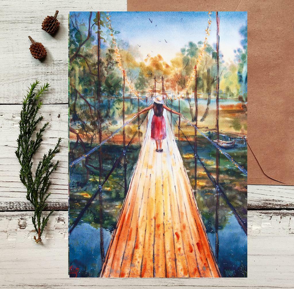 Открытка "Прогулка по мосту"