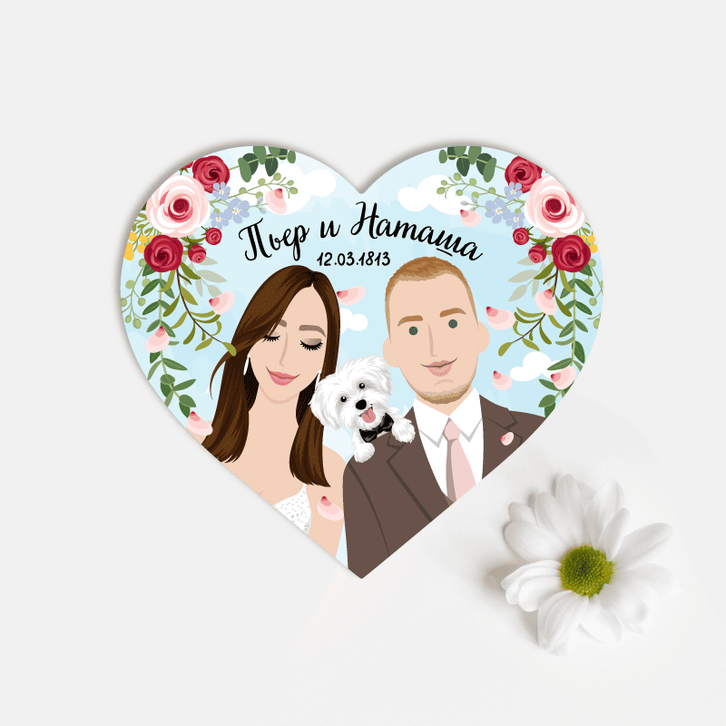 Магниты на свадьбу с молодожёнами в лепестках роз