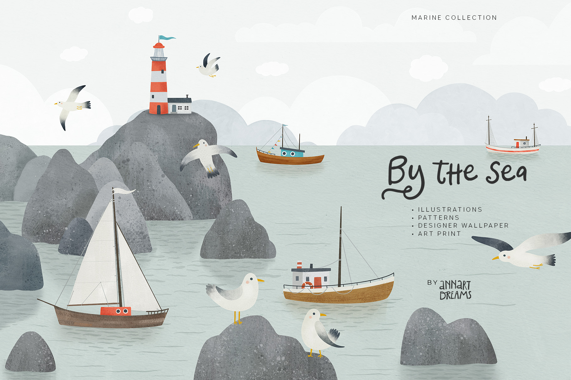 illustration, ocean, sea creatures, lighthouse, whale, kids design, pattern, poster, wall art, interior stickers