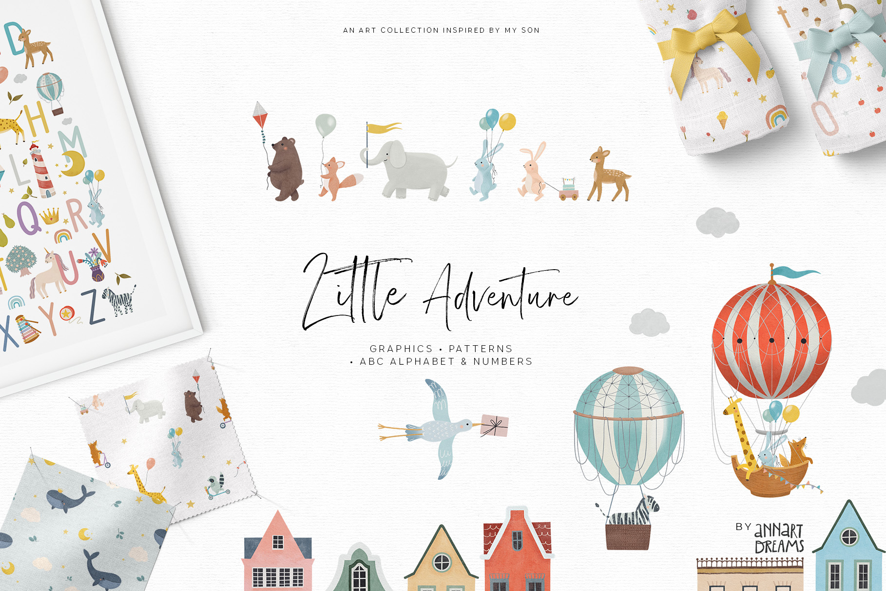 alphabet, children illustration, animal, clipart, hot air balloon, pattern, nursery art, baby shower