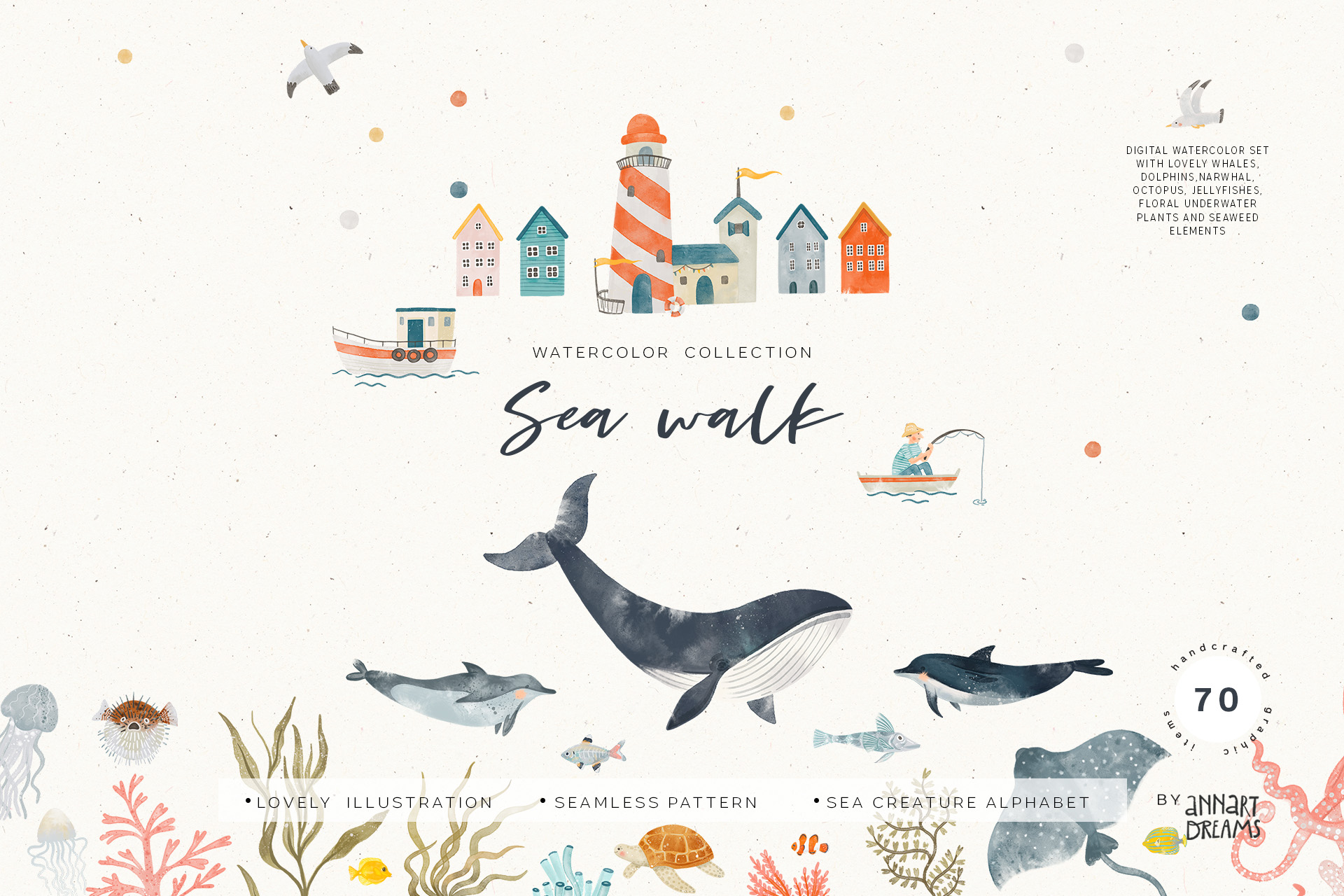 SEA WALK. Watercolor collection of illustrations, patterns and posters