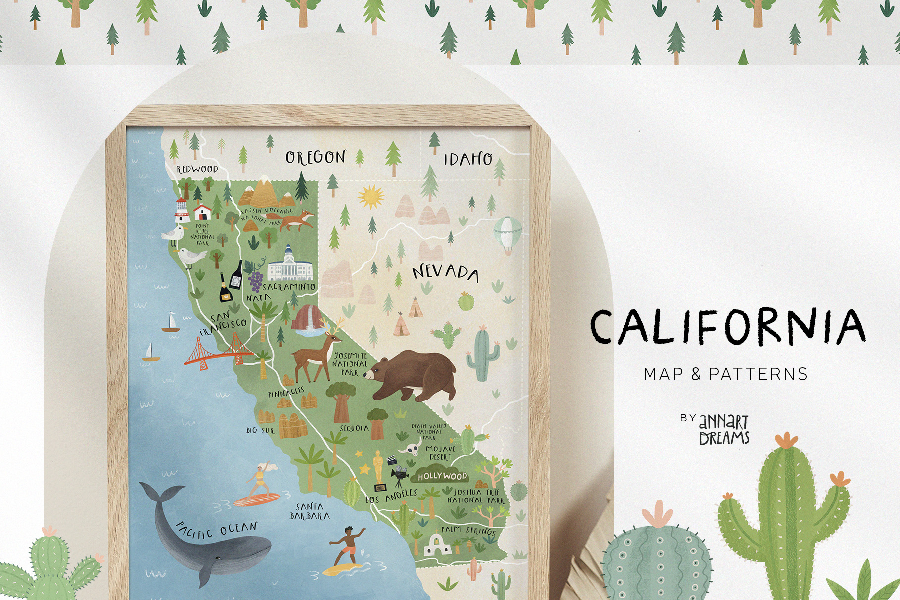California, kids, illustration, map, map of California, pattern, poster, city map, kids educational map, landscape creator