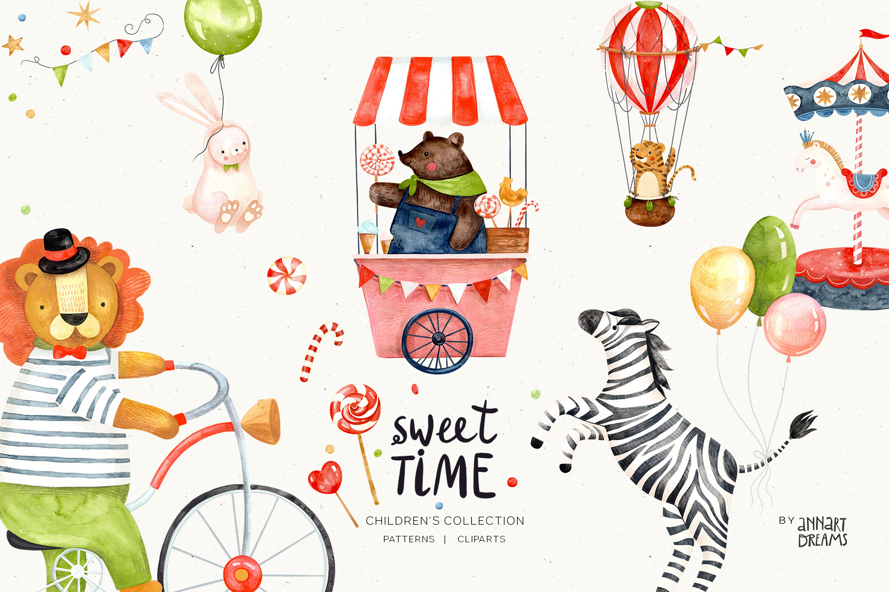 SWEET TIME. Watercolor collection of illustrations and patterns