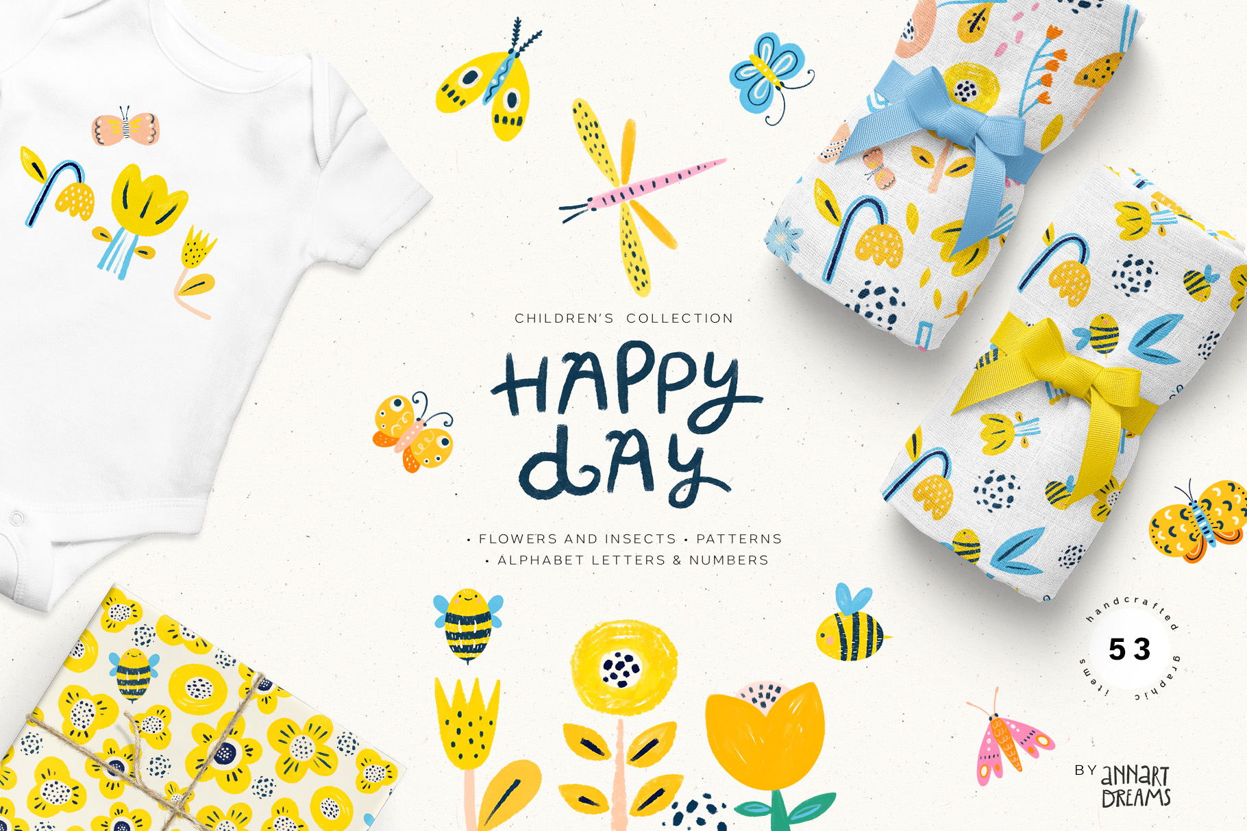 HAPPY DAY. Illustrations of abstract flowers and insects