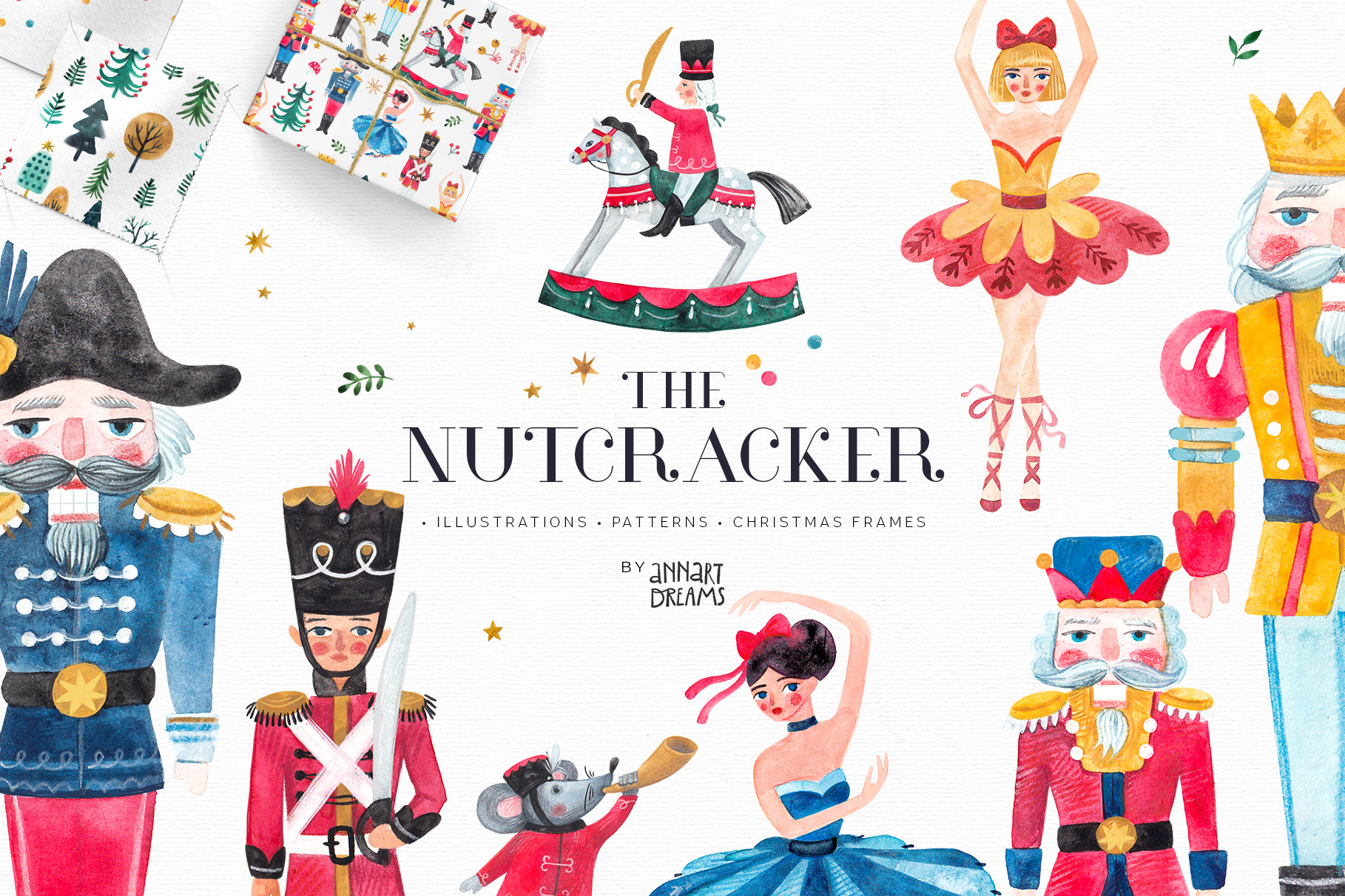 Nutcracker, Christmas, illustration, kids design, ballerina, tin soldier, mouse, pattern, watercolor, Christmas clipart